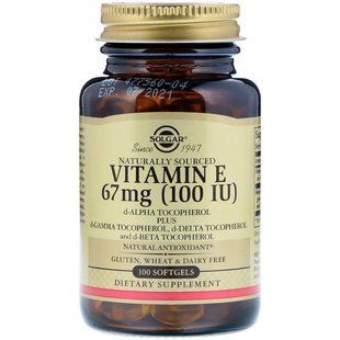 Витамин Е, Vitamin E, Solgar, натуральный, 67 мг (100 МЕ), 100 гелевых капсул