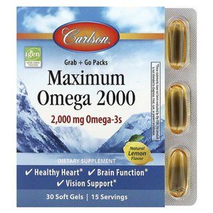 Омега з натуральним смаком лимона, Maximum Omega 2000, Carlson, 2000 мг, 30 гелевих капсул (1000 мг на гелеву капсулу)