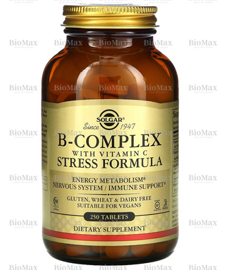 Комплекс витаминов В + С, B-Complex with Vitamin C, Solgar, стресс формула, 250 таблеток
