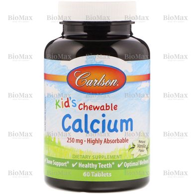 Кальций для детей, жевательный,  Kid's Chewable Calcium, Carlson Labs, 250 мг, 60 таблеток со вкусом ванили