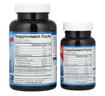 Super Omega 3, Carlson Labs, 1200 мг, 100 + 30 капсул в подарунок