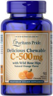 Вітамін С з шипшиною, Vitamin C, Puritan's Pride, смак апельсина, 500 мг, 90 жувальних таблеток