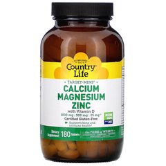 Кальций, Магний, Цинк, Calcium, Magnesium, Zinc, Country Life, 180 таблеток