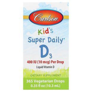 Витамин D3, Kid's Super Daily D3, Carlson, для детей, 10,3 мл (400 МЕ (10 мкг) в одной капле)