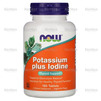 Калий плюс Йод, Potassium plus Iodine, Now Foods, 100 мг/225 мкг, 180 таблеток