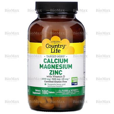 Кальций, Магний, Цинк, Calcium, Magnesium, Zinc, Country Life, 1000/500/25 мг, 180 таблеток