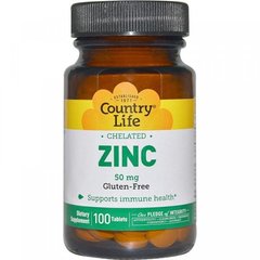 Хелатный Цинк, Zinc Chelated, Country Life, 50 мг, 100 таблеток