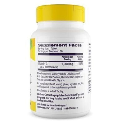 Вітамін С, Vitamin C, Healthy Origins, 1000 мг, 30 таблеток