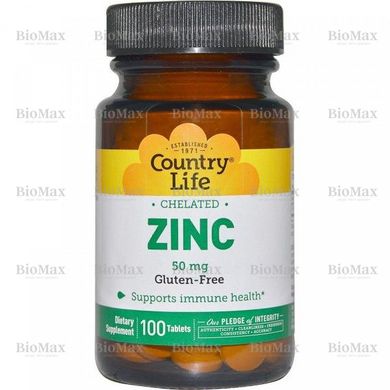 Хелатний Цинк, Zinc Chelated, Country Life, 50 мг, 100 таблеток