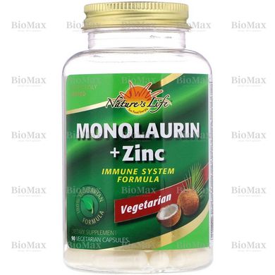 Монолаурин + Цинк, Monolaurin + Zinc, Nature's Life, 936 мг/15 мг, 90 вегетарианских капсул