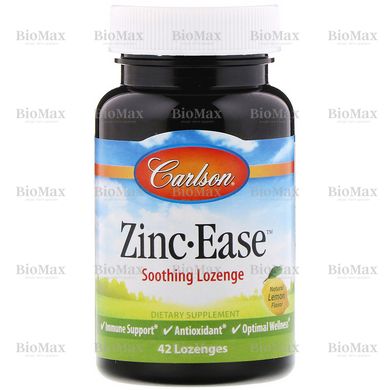 Цинк, Zinc Ease, Carlson Labs, вкус лимона, успокаивающий, 10 мг, 42 леденца
