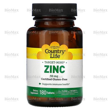 Цинк, Zinc, Country Life, 50 мг, 180 таблеток