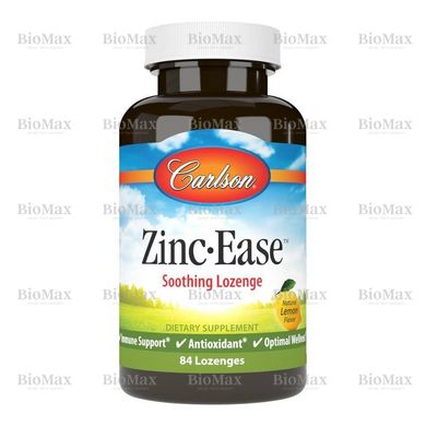 Цинк, Zinc Ease, Carlson Labs, смак лимона, заспокійливий, 10 мг, 84 льодяника