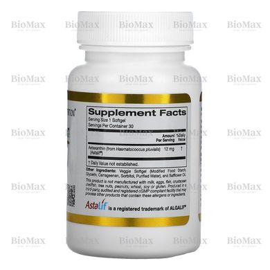 Астаксантин, Astaxanthin, California Gold Nutrition, 12 мг, 30 капсул