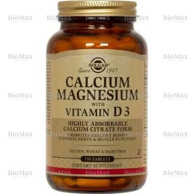 Кальций и магний с витамином Д-3, Д3, Calcium Magnesium D-3, D3, Solgar, 1000 мг/500 мг/400 МЕ, 150 таблеток