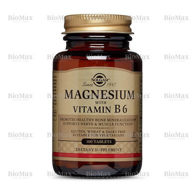 Магній, вітамін В6, Magnesium with Vitamin B6, Solgar, 400/25 мг, 100 таблеток