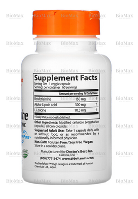 Бенфотіамін + Альфа-ліпоєва кислота (Benfotiamine + Alpha-lipoic acid), Doctor's Best, 300 мг/150 мг 60 капсул