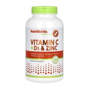 Вітамін С з вітаміном D3 і цинком, Immunity Vitamin C + D3 & Zinc, NutriBiotic, 1500 мг / 5000 МО / 40 мг, 250 капсул