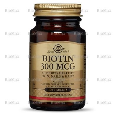 Биотин, Biotin, Solgar, 300 мкг, 100 таблеток