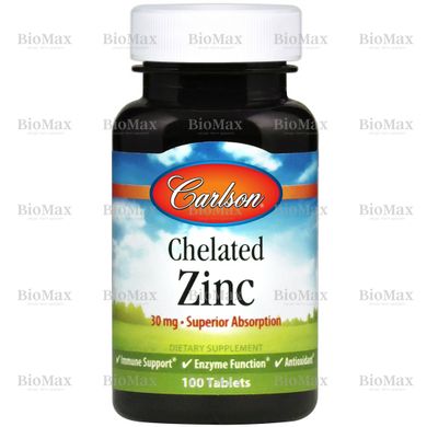 Цинк хелат, Chelated Zinc, Carlson Labs, 30 мг, 100 жувальних таблеток