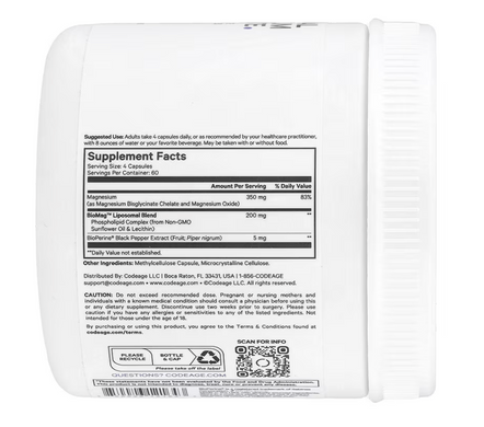 Магний глицинат липосомальный, Liposomal Magnesium Glycinate, Codeage, 240 растительных капсул