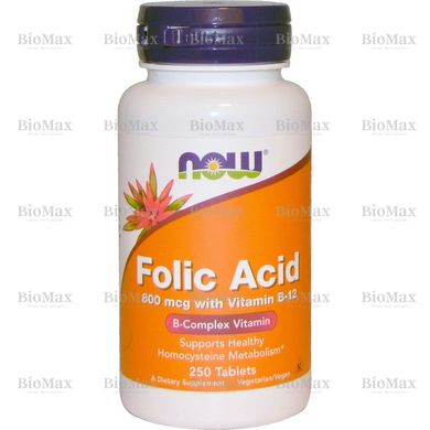 Фолієва кислота та В12 (ціанокобаламін), Folic Acid with Vitamin B-12, Now Foods, 800 мкг 250 таблеток