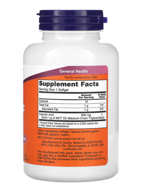 Каприловая кислота, Caprylic Acid, Now Foods, 600 мг, 100 капсул