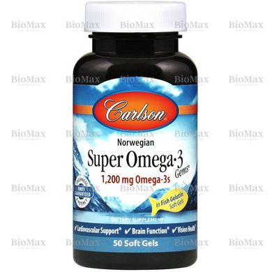 Омега-3, риб'ячий жир, Omega-3 Gems, Fish Gel, Carlson Labs, 1200 мг, 50 капсул