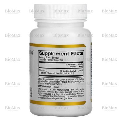 Витамин Д3, Д-3, Vitamin D3, California Gold Nutrition, 50 мкг 2000 МЕ, 90 капсул