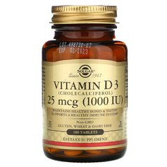 Витамин Д3, Д-3, Vitamin D3, Solgar, 1000 МЕ, 180 таблеток