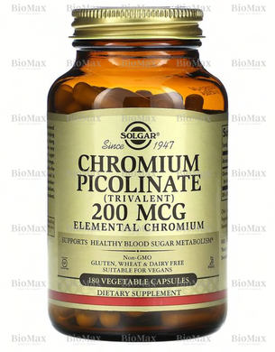 Хром піколінат, Chromium Picolinate, Solgar, 200 мкг, 180 вегетаріанських капсул