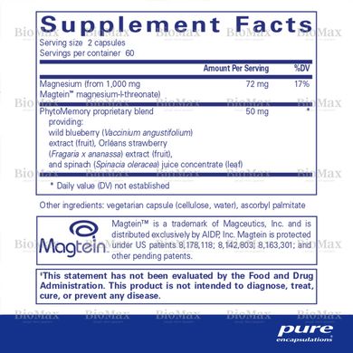 Магній-L-треонат, CogniMag, Pure Encapsulations, 72 мг, 120 капсул
