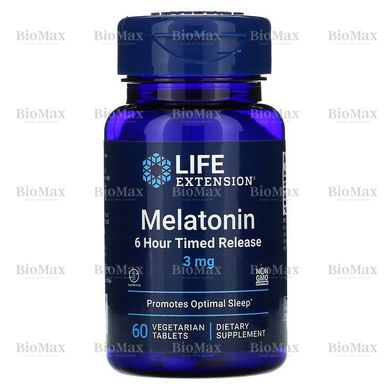 Мелатонін 6-годинний, Melatonin 6 Hour Timed Release, Life Extension, 3 мг 60 таблеток