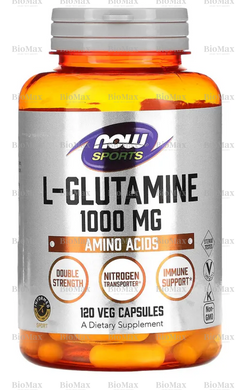 L-глютамин, L-Glutamine, Now Foods, Sports, двойной силы, 1000 мг, 120 вегетарианских капсул