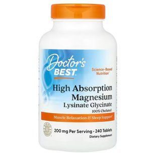 Магній хелат, Magnesium, Doctor's Best, з високим ступенем засвоєння, 200 мг, 240 таблеток (100 мг у таблетці)