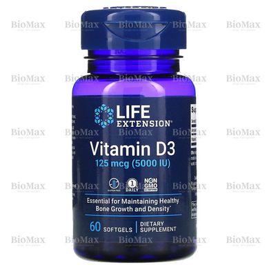 Вітамін Д-3, Д3, Vitamin D3, Life Extension, 5000 МО, 60 гелевих капсул