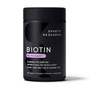 Біотин з кокосовою олією, Biotin, Sports Research, 10 000 мкг, 120 вегетаріанських гелевих капсул