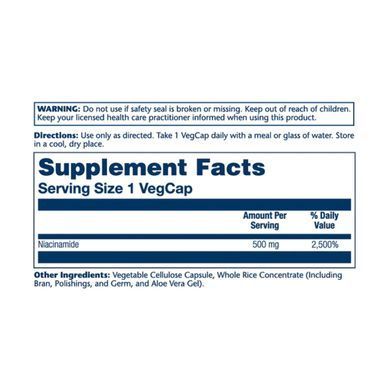 Ниацинамид (витамин B3), Niacinamide, Solaray, 500 мг, 100 вегетарианских капсул
