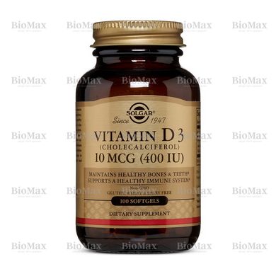 Вітамін Д3, Vitamin D3, Solgar, 400 МО, 100 капсул
