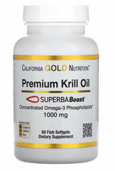 Масло криля премиального качества с фосфолипидом и астаксантином (максимально высокое усвоение), Premium Krill Oil SUPERBABoost, California Gold Nutrition, 1000 мг, 60 капсул из рыбьего желатина
