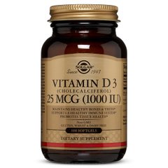 Витамин Д3, Д-3, Vitamin D3, Solgar, 1000 МЕ, 100 капсул