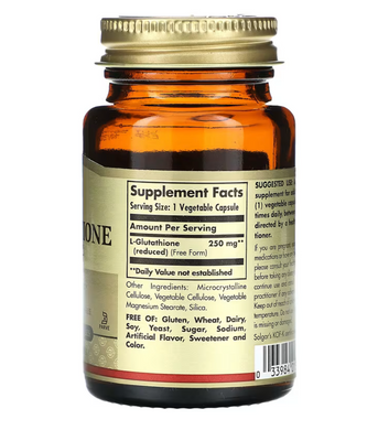 Глутатион, L-Glutathione, Solgar, пониженный, 250 мг, 30 капсул