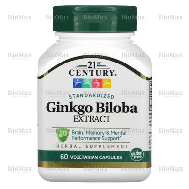 Екстракт листя гінкго білоба, Ginkgo Biloba, 21st Century, 60 мг, 60 капсул