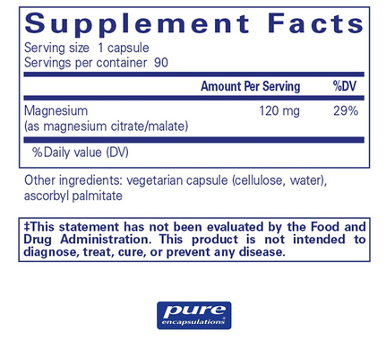 Цитрат і малат магнію (Magnesium citrate/malate), Pure Encapsulations, 120 мг, 90 капсул