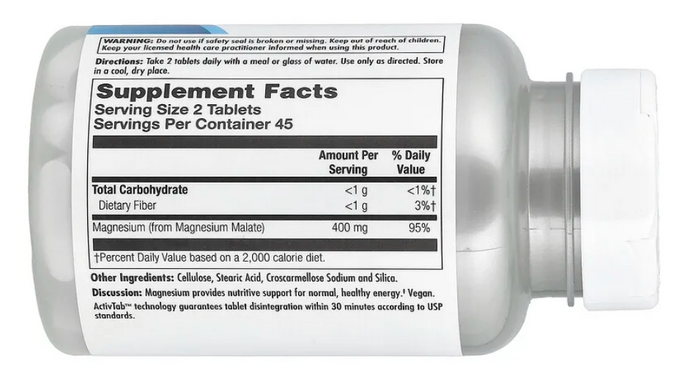 Магний малат, Magnesium Malate, KAL, 400 мг, 90 таблеток