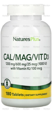Кальцій, магній та вітамін D3 з вітаміном K2 (Cal/Mag/Vit D3, Vitamin K2), NaturesPlus, 180 таблеток