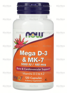 Витамин Д3 и МК-7, Mega D-3 & MK-7, Now Foods, 5000 МО/180 мкг, 120 капсул