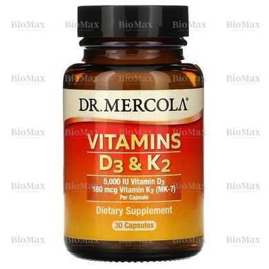 Витамин Д3 и К2, Vitamins D3 & K2, Dr. Mercola, 5000 МЕ/180 мкг, 30 капсул