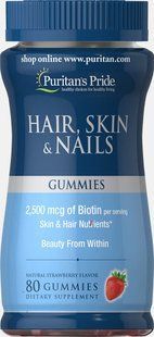 Формула для шкіри, волосся і нігтів, Hair, Skin & Nails, Puritan's Pride, зі смаком полуниці, 80 жувальних цукерок