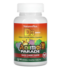 Детский витамин Д3, Д-3, Animal Parade, с натуральным ароматом черной вишни, Nature's Plus, 500 МЕ, 90 жевательных капсул